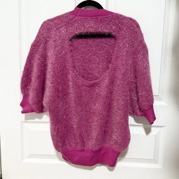 Women Anthropologie Maeve Violetta Tinsel Keyhole Sweater Pink Sparkle Sz Large - Picture 3 of 10